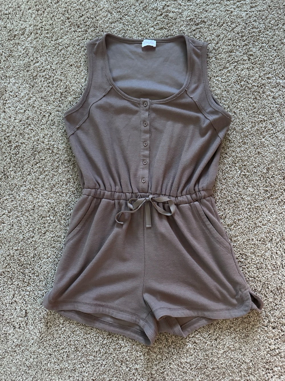 Pink Lily Taupe Ribbed Button-Front Romper